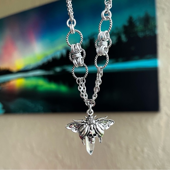 Handmade maille choker necklace moth crystal quartz stainless steel boho goth - Picture 2 of 11